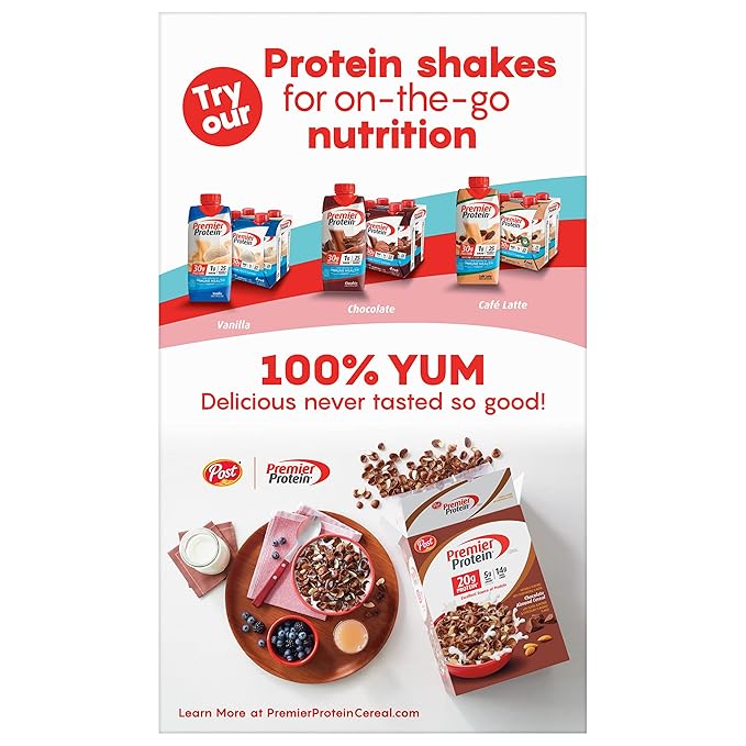 Premier Protein Mixed Berry Almond Cereal, Protein Cereal Flakes Mixed with Dried Berries and Sliced Almonds, Contains 20g of Protein Per Serving, 9 OZ Box