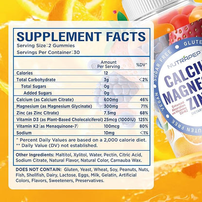 NutraPep Calcium Magnesium Zinc Supplement Gummies - with Vitamin D3 K2 Magnesium Glycinate - Orange Berry Flavored Vegan Sugar-Free Gluten Free Chewable for Men Women Kids