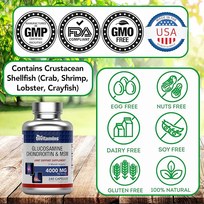 tnvitamins Glucosamine Chondroitin MSM Capsules, 240 Count | 4,000 mg Per Serving | 2,000 mg Glucosamine Sulfate 2KCl + 2,000 mg MSM & Chondroitin Blend | Joint Support Supplement