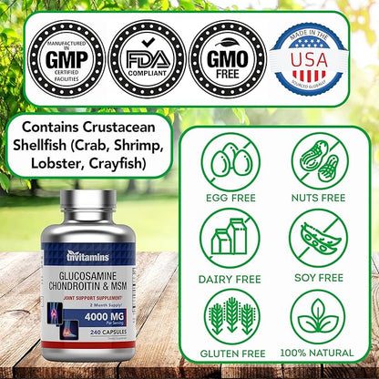 tnvitamins Glucosamine Chondroitin MSM Capsules, 240 Count | 4,000 mg Per Serving | 2,000 mg Glucosamine Sulfate 2KCl + 2,000 mg MSM & Chondroitin Blend | Joint Support Supplement