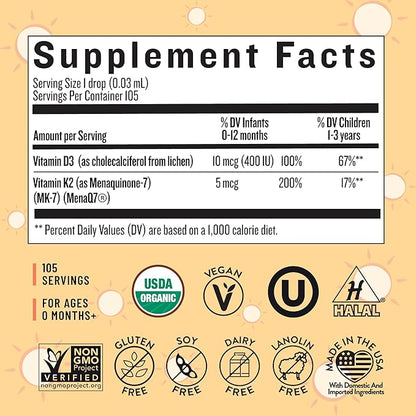 Legendairy Milk Vitamin D Drops for Infants, Organic Baby Vitamin D3 K2 Liquid 400 IU, Vegan for Newborns Toddlers & Kids, Childrens Supplement for Strong Bones & Teeth, Sugar Free, 90 Servings