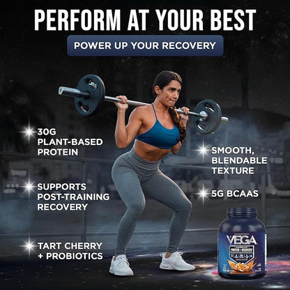 Vega Sport Vegan Protein Powder + Recovery - 30g Plant Based Protein per Serving, Peanut Butter, 45 Servings, 5g BCAAs, Probiotics, NSF Certified, for Shakes & Smoothies, 4.2lbs (Packaging May Vary)
