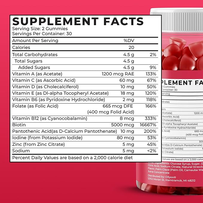 Adult Multivitamin Gummies for Men & Women, Vitamins A, C, D, E, B6, B12, Biotin, Folic Acid, Cherry & Strawberry Flavor, Supports Overall Health, 60 Count