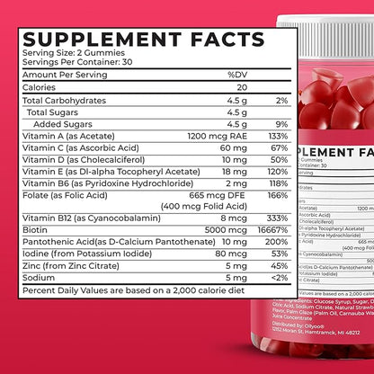 Adult Multivitamin Gummies for Men & Women, Vitamins A, C, D, E, B6, B12, Biotin, Folic Acid, Cherry & Strawberry Flavor, Supports Overall Health, 60 Count