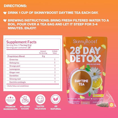 Skinny Boost Detox Tea Kit-Slimming Tea for Weight, Metabolism, Energy, Bloating & Colon Cleanse – Green Tea, Herbal, Vegan, Keto, Non-GMO, Sugar-Free-2 PACK –1 Daytime (28 Bags) + 1 Evening -(14 Bags)