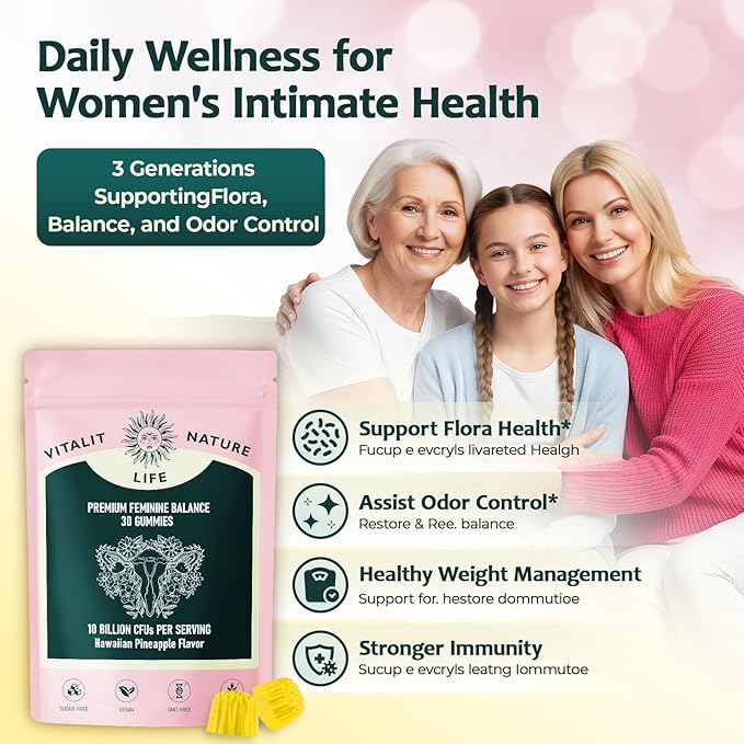 Premium Feminine Balance Gummies for Women, Feminine Balance & Digestive Support, Immune Support, Vegan & Gluten Free, Hawaiian Pineapple Flavor, 30 Gummies