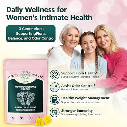 Premium Feminine Balance Gummies for Women, Feminine Balance & Digestive Support, Immune Support, Vegan & Gluten Free, Hawaiian Pineapple Flavor, 30 Gummies