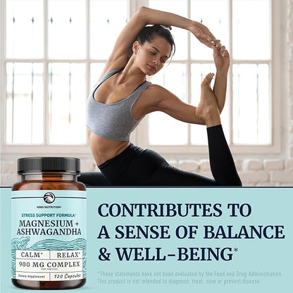 Magnesium Ashwagandha | Calming Magnesium Supplement for Adults | Relax, Rest, Calm Mood & Sleep Support | Mag Citrate & Oxide 400 mg + Ashwagandha 500 mg | Muscle Health & Stress Relief | 120 Ct