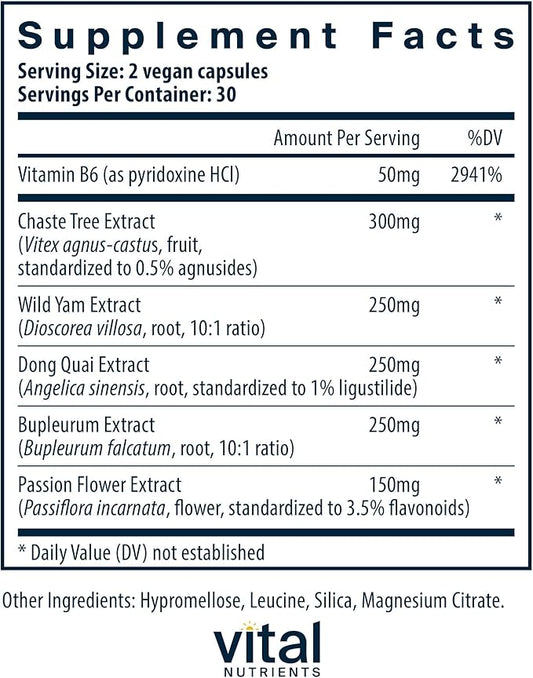 Vital Nutrients PMS Support - Vitex Berry & Passionflower Extract for Premenstrual Support & Hormone Balance* - Vitamin B6 PMS Supplements - Gluten, Dairy, Soy Free - Non-GMO - 60 Capsules