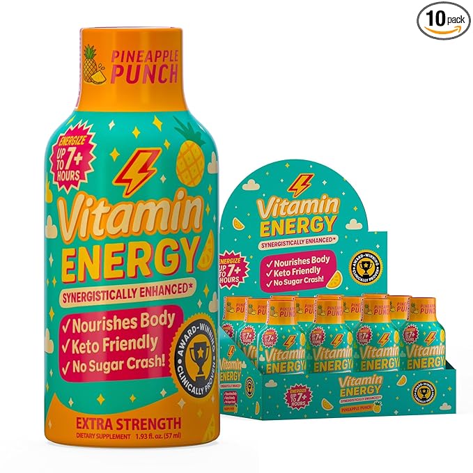 Vitamin Energy Immune+ Extra Strength Energy Shot Pineapple Punch 10 Pack, 260mg Natural Caffeine, B-Vitamins, Citicoline, Green Tea, Immunity & Focus Support, Zero Sugar, Gluten-Free 1.93 fl oz