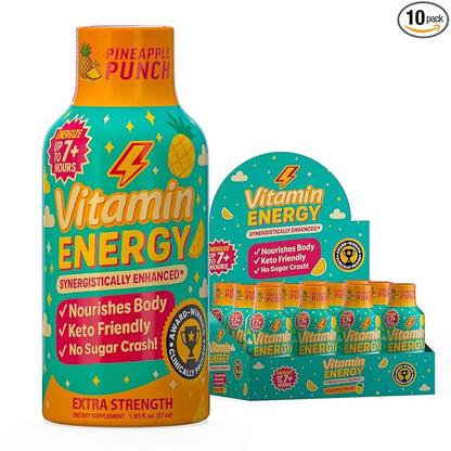 Vitamin Energy Immune+ Extra Strength Energy Shot Pineapple Punch 10 Pack, 260mg Natural Caffeine, B-Vitamins, Citicoline, Green Tea, Immunity & Focus Support, Zero Sugar, Gluten-Free 1.93 fl oz