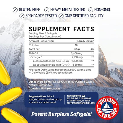 Triple Strength Omega 3 Fish Oil 3600 mg | EPA & DHA | Over 2100mg Omega-3 Fatty Acids | 1300mg EPA + 860mg DHA | Best Essential Fatty Acids | Premium Wild Caught & Burpless Fish Oil | 180 Ct