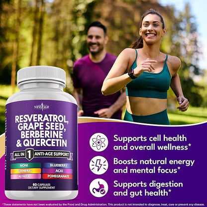 NEW AGE Resveratrol, Berberine, Grape Seed Extract, Quercetin - Polyphenol Supplement for Women and Men with Noni, N-Acetyl Cysteine, Acai - 60 Capsules