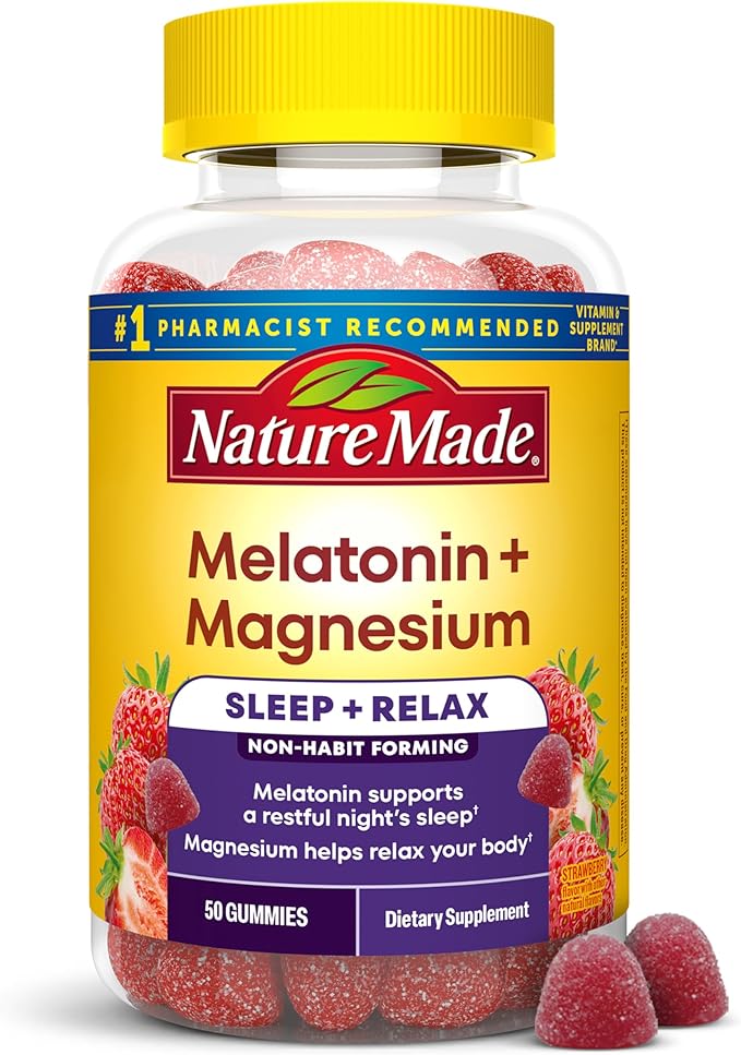 Nature Made Melatonin + Magnesium Gummies, Sleep and Relax Support, Melatonin 3mg Non-Habit Forming Sleep Aid, Magnesium Citrate, 50 Gummies