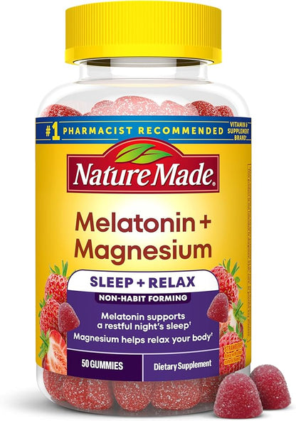 Nature Made Melatonin + Magnesium Gummies, Sleep and Relax Support, Melatonin 3mg Non-Habit Forming Sleep Aid, Magnesium Citrate, 50 Gummies