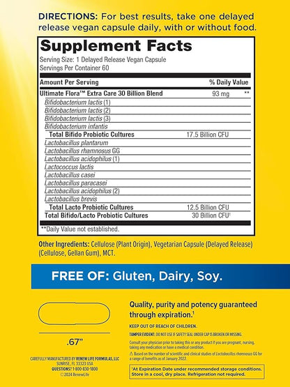 Renew Life Adult Probiotics 30 Billion CFU Guaranteed, 12 Strains, For Men & Women, Shelf Stable, Gluten Dairy & Soy Free, Ultimate Flora Extra Care, 60 Count, Pack of 1
