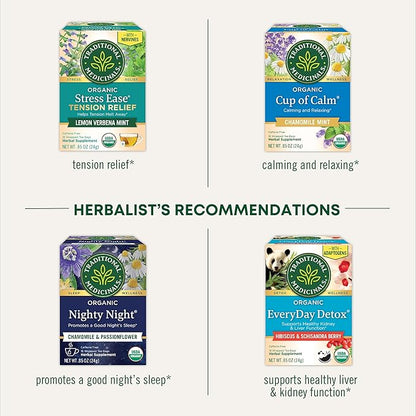 Traditional Medicinals Organic, Stress Ease Calm with Adaptogens, Ashwagandha & Honeybush - Promotes Relaxation - Kosher, Non-GMO, Caffeine-Free, Compostable - 16 Tea Bags