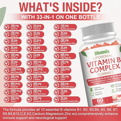2 Pack 33-in-1 Liposomal Vitamin B Complex Gummies -B1, B2, B3, B4, B5, B6, B7, B8, B9,B12 | Vitamin C, D3,K2|Calcium,Magnesiun,Zinc etc.for Energy, Brain,Immune,Skin Support &Heart Support