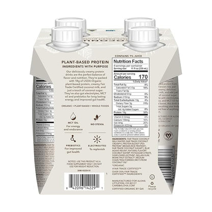 ALOHA Organic Plant-Based Protein Drink – Coconut Flavor | 18g Protein, 5g Sugar, 3g Fiber | Made with Creamy Coconut Milk, Fair Trade Certified, No Stevia | Vegan, Non-GMO, Gluten-Free, 11 fl oz (12 Pack)