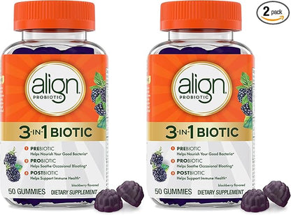 Align Probiotic,3-in-1 Biotic Gummies,Pre + Pro + Postbiotic,#1 Doctor Recommended-Probiotic Brand‡,Helps Relieve Occasional Bloating*,BlackBerry Flavor,50 Gummies,(Pack of 2)