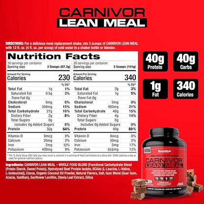 MuscleMeds CARNIVOR Lean Meal Whole Food Meal Replacement Shake, MRE, Beef Protein Isolate, White Potato, Sweet Potato, 40g Protein, 40 g Carbs, Lactose Free, Sugar Free, Chocolate Fudge 20 Servings