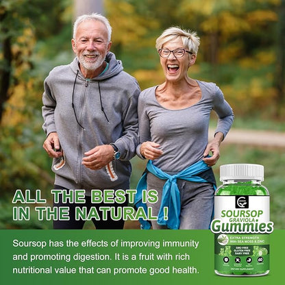 Organic Soursop Graviola Gummies - 2200mg Extra Strength Soursop Leaves Extract w/Sea Moss Extract 200mg, Zinc & Vitamin C - Supports Immunity, Liver, Zzz & Antioxidant, Gluten Free, Vegan, 60 Gummies