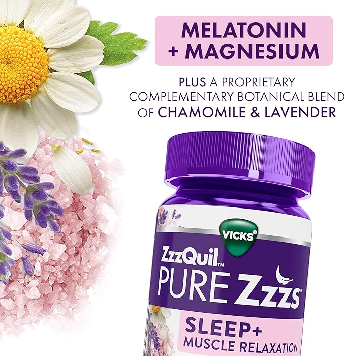 ZzzQuil Pure Zzzs Muscle Relaxation Melatonin Sleep Aid Gummies, Supports Muscle Function, Helps You Fall Asleep Naturally, Fast, Melatonin + Magnesium, No Next-Day Grogginess, Drug-Free, 60ct