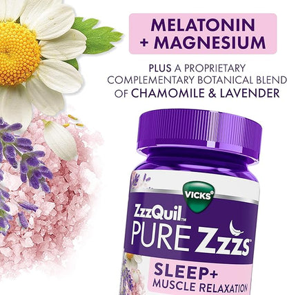 ZzzQuil Pure Zzzs Muscle Relaxation Melatonin Sleep Aid Gummies, Supports Muscle Function, Helps You Fall Asleep Naturally, Fast, Melatonin + Magnesium, No Next-Day Grogginess, Drug-Free, 60ct