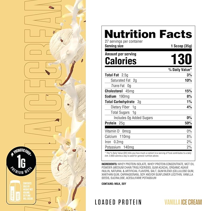 RYSE Loaded Protein Powder - Vanilla Ice Cream - 25g Whey Protein Isolate & Concentrate with Prebiotic Fiber & MCTs - Low Carb, Low Sugar, Digestive-Friendly - 27 Servings / 2 lb Tub