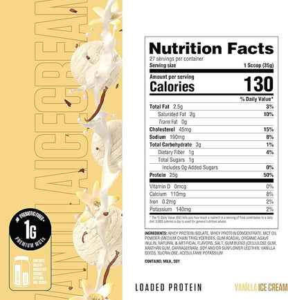 RYSE Loaded Protein Powder - Vanilla Ice Cream - 25g Whey Protein Isolate & Concentrate with Prebiotic Fiber & MCTs - Low Carb, Low Sugar, Digestive-Friendly - 27 Servings / 2 lb Tub