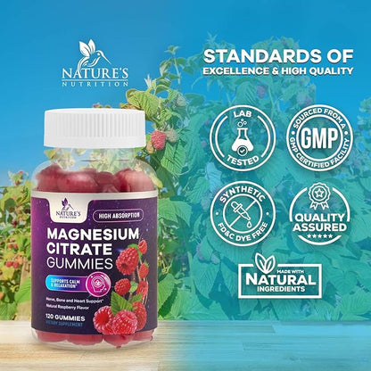 Magnesium Citrate Gummies for Adults & Kids - High Absorption Magnesium Supplements - Premium Calm, Relaxation, Muscle, Nerve, Bone & Heart Support - Great-Tasting Vegan Gummy Supplement - 120 Gummies