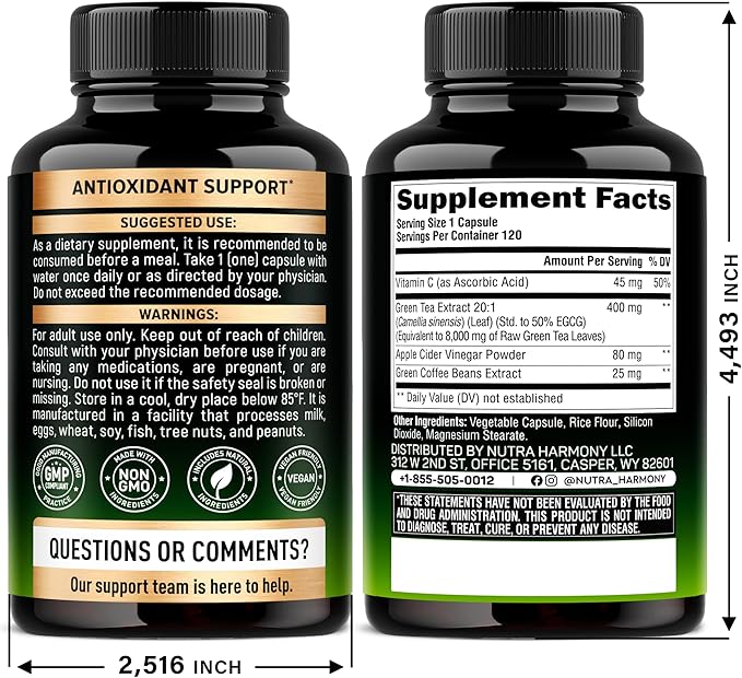 Green Tea Extract - 50% EGCG, Extra Strength 20:1 Extract - Natural Green Tea Supplement + Green Coffee Beans & Apple Cider Vinegar - Energy & Metabolism Support - for Men & Women - Vegan 120 Capsules