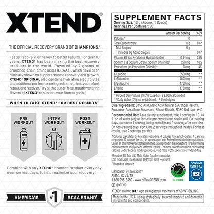 Xtend Original BCAA Powder, 7g BCAAs and 2.5g L-Glutamine for Muscle Recovery Hydration and Lean Muscle, Sugar Free Intra and Post Workout Drink with Electrolytes, Strawberry Kiwi Splash, 90 Servings
