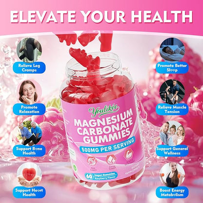 2 Pack Magnesium Carbonate 500mg Gummies, High Absorption Magnesium Supplement for Adults - Support Muscle Function, Vegan, Sugar Free, Raspberry Flavor, 120 Count