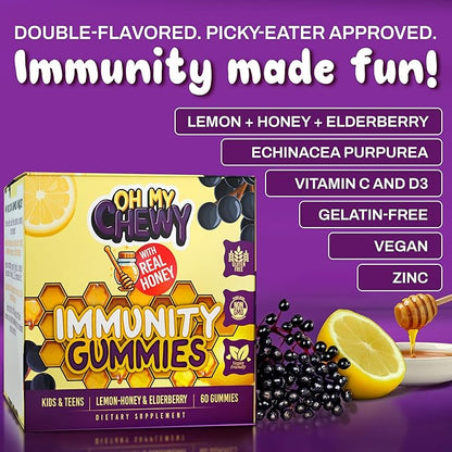 OH MY CHEWY Elderberry Gummies Immunity Support - Real Honey and Lemon Immune Supplement for Kids & Teens with Vitamin C, Echinacea, and Zinc - 60 CT