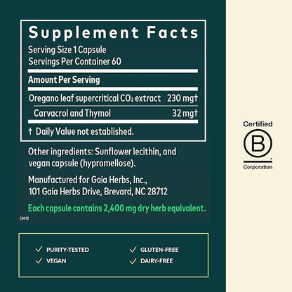 Gaia Herbs Oil of Oregano - Immune & Antioxidant Support Supplement - with Oregano Oil, Carvacrol & Thymol* - 60 Vegan Liquid Phyto-Caps (60 Servings)