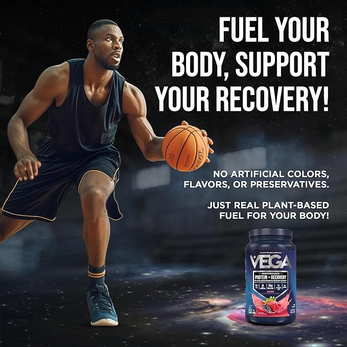 Vega Sport Vegan Protein Powder + Recovery - 30g Plant Based Protein per Serving, Berry, 19 Servings, 5g BCAAs, Probiotics, NSF Certified, for Shakes & Smoothies, 1.8lbs (Packaging May Vary)