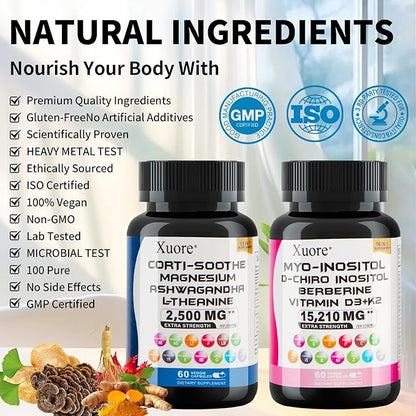 cortisol & myo-inositol Supplement Bundle with ashwagandha, Magnesium, l-theanine, d-Chiro inositol, folate, Berberine, chasteberry for Stress Relief & Balance
