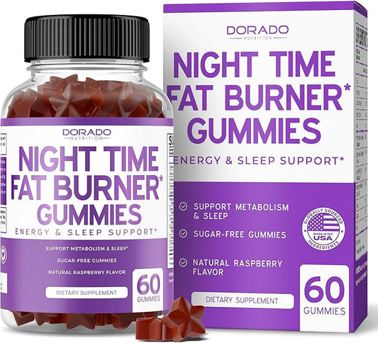 Night Time Fat Burner Gummies (60 Count) Weight Loss & Metabolism - Sugar-Free - Delicious Raspberry Flavored Melatonin Supplement Gummies - Vegan Safe - Third Party Tested - Made in USA
