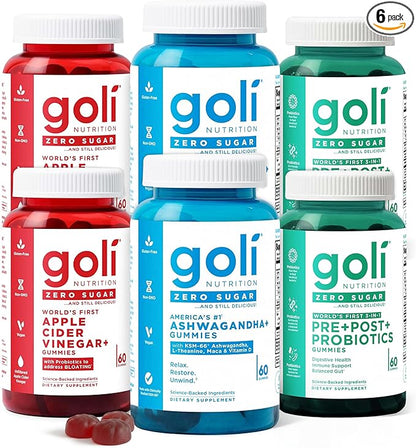 Goli Zero Sugar 6 Pack Bundle - World's First 3-in-1 Pre, Post, Probiotic, Apple Cider Vinegar with Vitamin B12 and Probiotics to Address Bloating, Ashwagandha & L-Theanine, Vitamin D Gummies