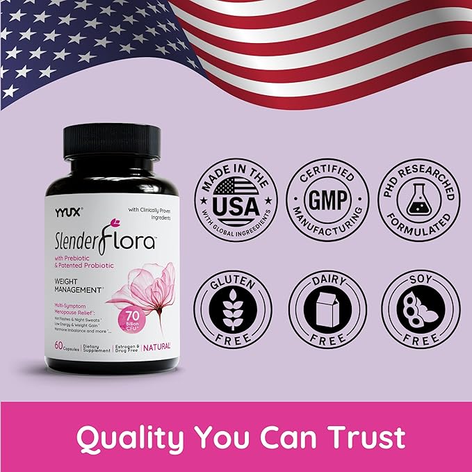 SlenderFlora - Menopause Probiotic Supplement | Weight Management, Hot Flashes, Night Sweats, Bloating | 70 Billion CFU | Gluten, Soy & Dairy Free | 60 Ct, Pack of 3
