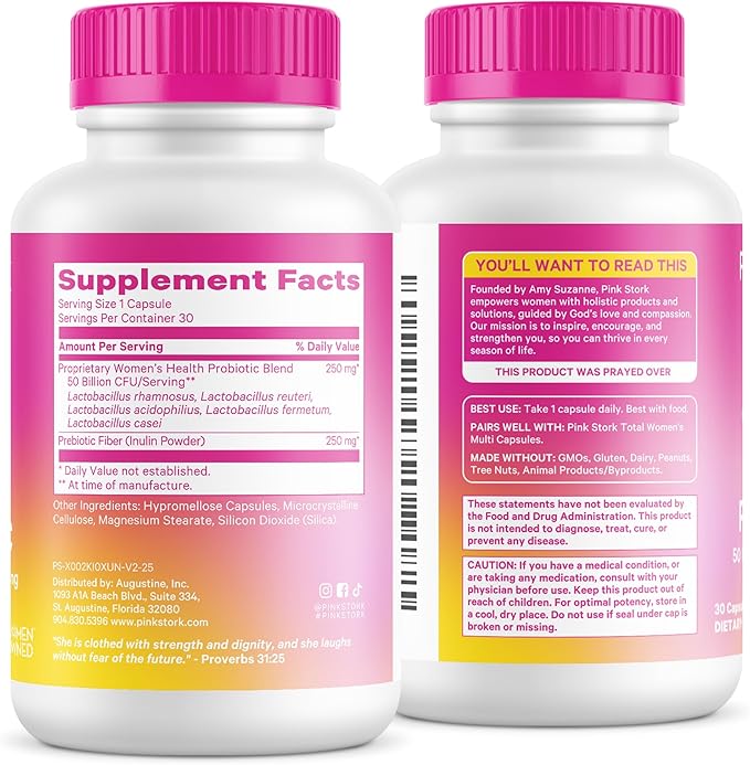 Pink Stork Women’s Health Probiotic, 50 Billion CFU | Clinically Studied Probiotics | Vaginal, Gut, Mood, & Hormone Balance | Yeast & Odor Support | Probiotic and Prebiotic Blend | 30 Vegan Capsules