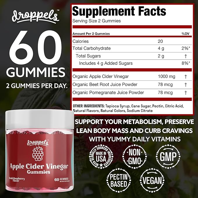 Droppels Apple Cider Vinegar Gummies 1000mg with Beet Root & Pomegranate | Non-GMO, Vegan-Friendly, Gluten Free | Supports Digestion, Metabolism, Energy & Immune Health | Raspberry Flavor