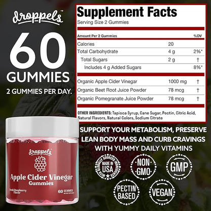 Droppels Apple Cider Vinegar Gummies 1000mg with Beet Root & Pomegranate | Non-GMO, Vegan-Friendly, Gluten Free | Supports Digestion, Metabolism, Energy & Immune Health | Raspberry Flavor