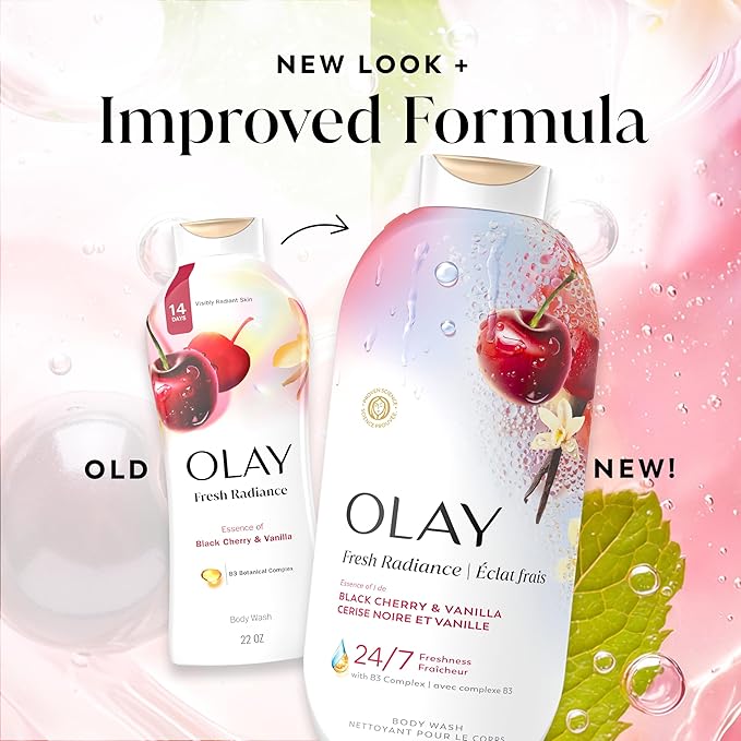 Olay Body Wash for Women, Fresh Radiance, 24/7 Skin-Loving Freshness, Visibly Radiant, Plant Based Cleansers, Vitamin B3 & Antioxidant Blend, For All Skin Types, Black Cherry & Vanilla Scent, 22 fl oz