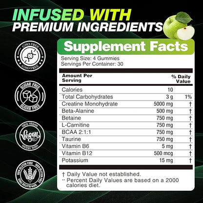 Creatine Monohydrate Gummies 8500MG for Men & Women - Creatine Gummies Sugar Free Pre Workout, Promote Muscle Growth, Boost Strength & Energy, 120 Count Green Apple