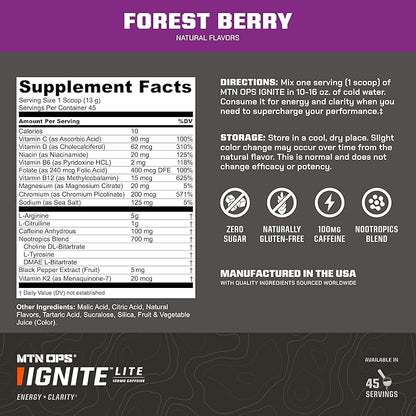 MTN OPS Ignite Lite Sugar Free Energy Drink Powder with 100mg Caffeine, Nootropic Blend for Energy & Focus, L Arginine & L Citrulline for Endurance, 45 Servings, Forest Berry