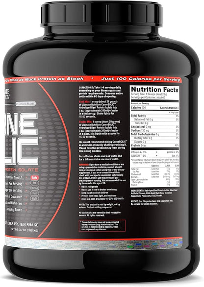 Ultimate Nutrition Carnebolic Hydrolyzed Beef Protein Isolate Powder-Paleo and Keto Friendly-Zero Carbs, Zero Fat, Zero Sugar or Soy, Gluten and Lactose-Free, Blue Raspberry, 60 Servings