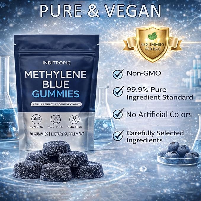 Inditropic Methylene Blue Gummies, 5mg Methylene BlueGummies for Men, Cognitive Support & Mental Focus, Boosts Cellular Energy, 99.9% Pure, Vegan, Non-GMO, 30 Gummies