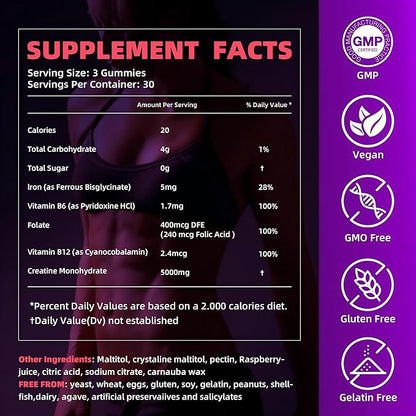 Creatine Monohydrate Gummies 5000mg w/Iron, Vitamin B6 & B12, Sugar Free 5g Creatine Supplements for Women and Men Boost Energy & Muscle Recovery - 90 Raspberry Gummies
